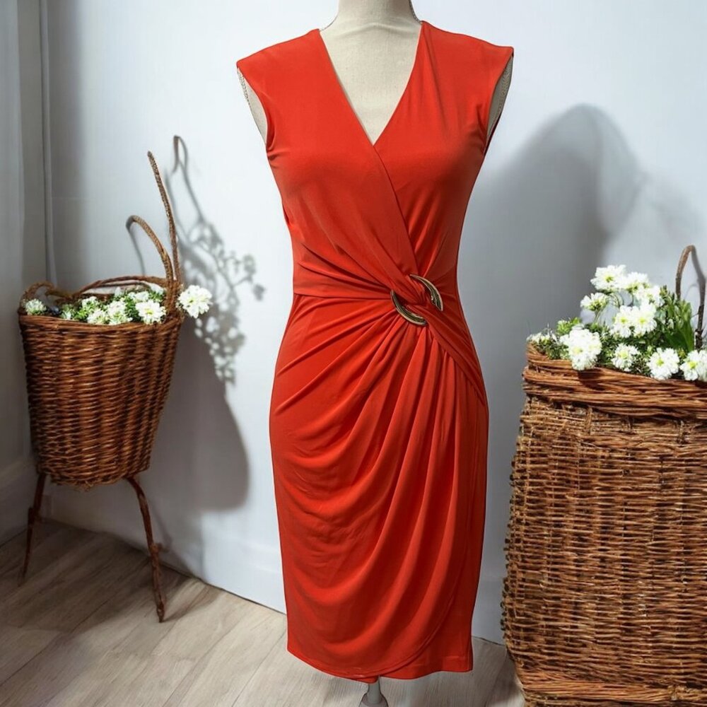 Cache Orange Office Siren Sleeveless Faux‎ Wrap Dress With Gold Accent Si…